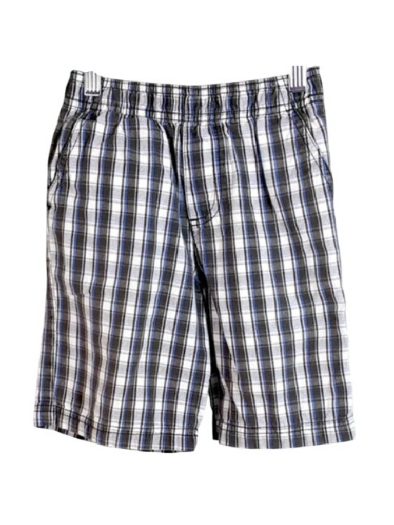 Faded Glory Boys Pull On Plaid Shorts Gray White Sz 5 Elastic Pocket Blue Stripe